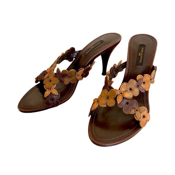 VINTAGE y2k Louis Vuitton Brown Flower Leather Strappy Sandals Heels US 6 - Picture 4 of 7
